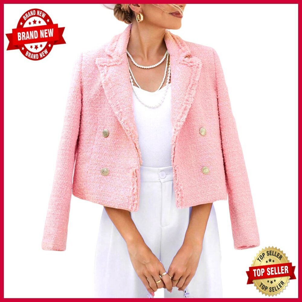 Women's Tweed Blazer Jacket Fully Lined Cropped Fit Double Breasted Pockets